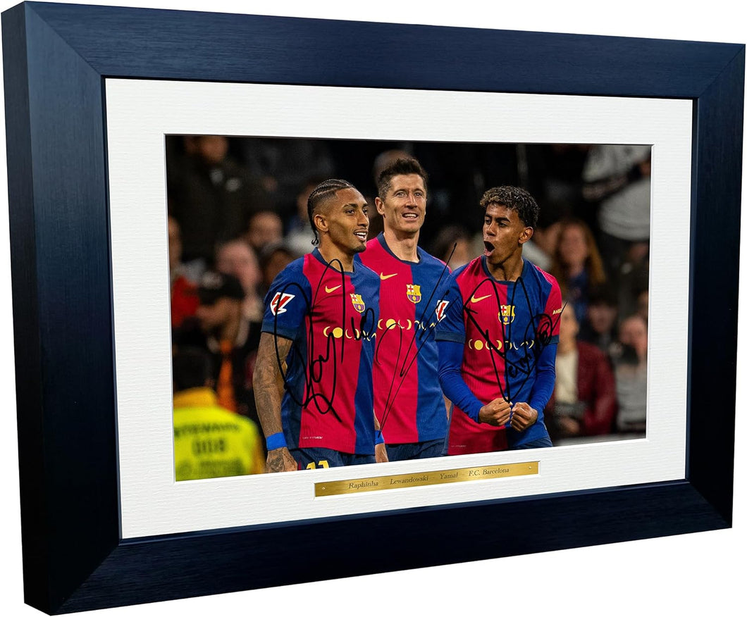 12x8 A4 Signed Raphinha Robert Lewandowski Lamine Yamal Real Madrid 0 vs 4 Barcelona Autographed Autograph Signed Signature Photograph Photo Picture Frame Football Soccer Poster Gift