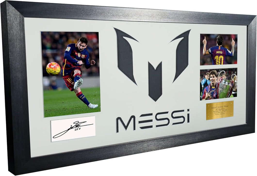 Lionel Messi Celebration With Precision Cut Logo Barcelona Signed Autographed Signature Photograph Picture Frame Football Soccer Poster Gift White Mount