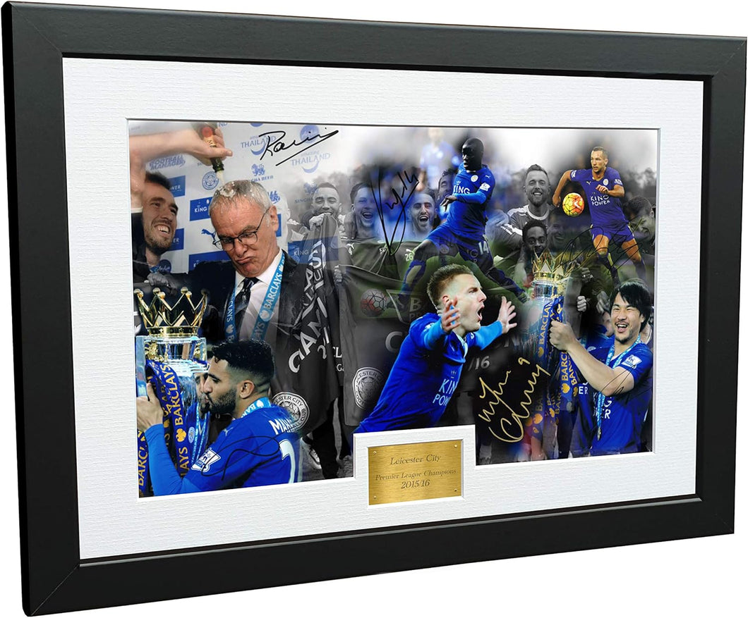 Leicester City 12x8 A4 Signed PREMIER LEAGUE CELEBRATION Claudio Ranieri-Riyad Mahrez-Jamie Vardy-Danny Drinkwater-N'Golo Kante-Shinji Okazaki- Autographed Photo Photograph Picture Frame