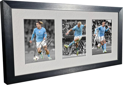 Signed Black 2022/23 Manchester City - Jack Grealish - Erling Haaland - Phil Foden - Autographed Photo Photograph Picture Frame Football Soccer Poster Gift