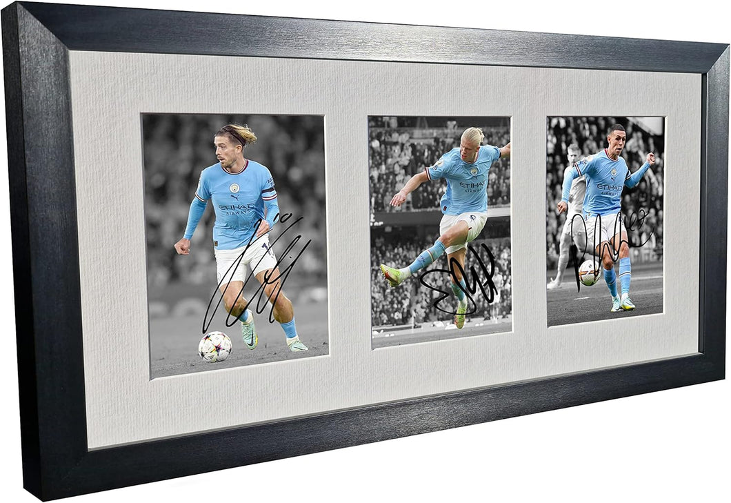 Signed Black 2022/23 Manchester City - Jack Grealish - Erling Haaland - Phil Foden - Autographed Photo Photograph Picture Frame Football Soccer Poster Gift