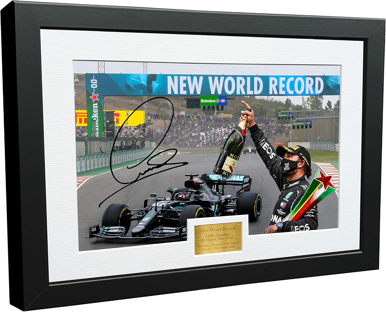 Kitbags & Lockers 12x8 A4 'NEW WORLD RECORD' Celebration Edition - Signed Lewis Hamilton - Mercedes-AMG Petronas - Autographed Photo Photograph Picture Frame Motor Sport Formula 1 F1 Gift