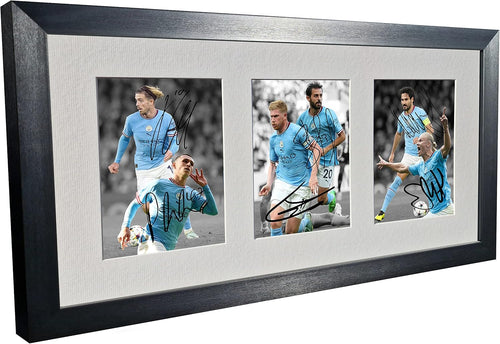Signed Black 2022/23 Manchester City - Erling Haaland - Phil Foden - Jack Grealish - Kevin De Bruyne - Silva - Gundogan Autographed Photo Photograph Picture Frame Football Soccer Poster Gift