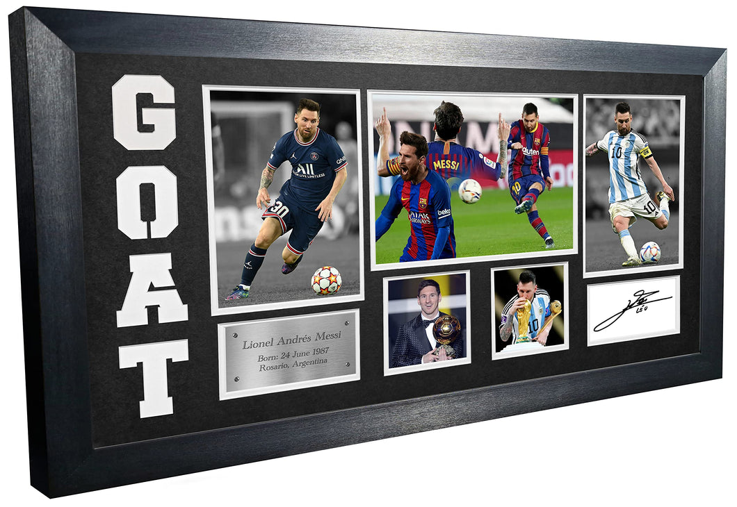 Lionel Messi GOAT Black or White Mount Barcelona PSG Paris Saint-Germain Argentina Signed Autographed Photo Photograph Picture Frame Football Soccer Poster Gift (Off White Mount)