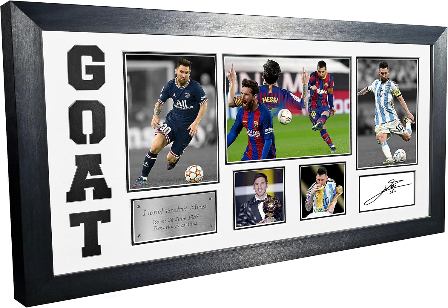 Lionel Messi GOAT Black or White Mount Barcelona PSG Paris Saint-Germain Argentina Signed Autographed Photo Photograph Picture Frame Football Soccer Poster Gift (Off White Mount)