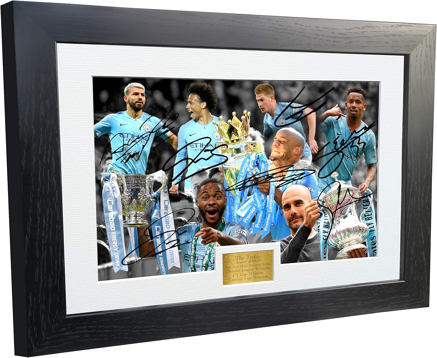 Kitbags & Lockers Large A3+ Print 2018/19 "THE TREBLE Signed Manchester City Guardiola De Bruyne Agüero Sterling Jesus Sane Autographed Photo Photograph Picture Frame Soccer Gift