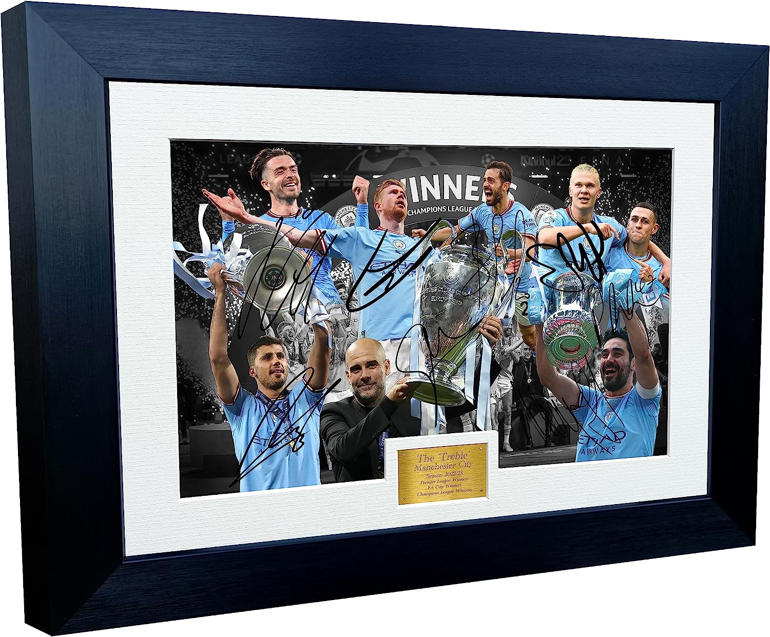12x8 A4 Manchester City FC Treble 2022/23 Champions League Premier League FA Cup Signed Guardiola Foden De Bruyne Gundogan Grealish Silva Rodri HaalandAutographed Photo Photograph Picture Frame Poster Gift