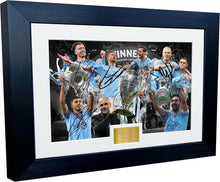 Load image into Gallery viewer, 12x8 A4 Manchester City Treble 2022/23 Champions League Premier League FA Cup Grealish DeBruyne Rodri Gundogan Haaland Autographed Signed Photo Photograph Picture Frame Football Soccer Poster Gift