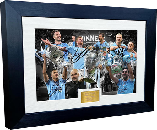 12x8 A4 Manchester City Treble 2022/23 Champions League Premier League FA Cup Grealish DeBruyne Rodri Gundogan Haaland Autographed Signed Photo Photograph Picture Frame Football Soccer Poster Gift