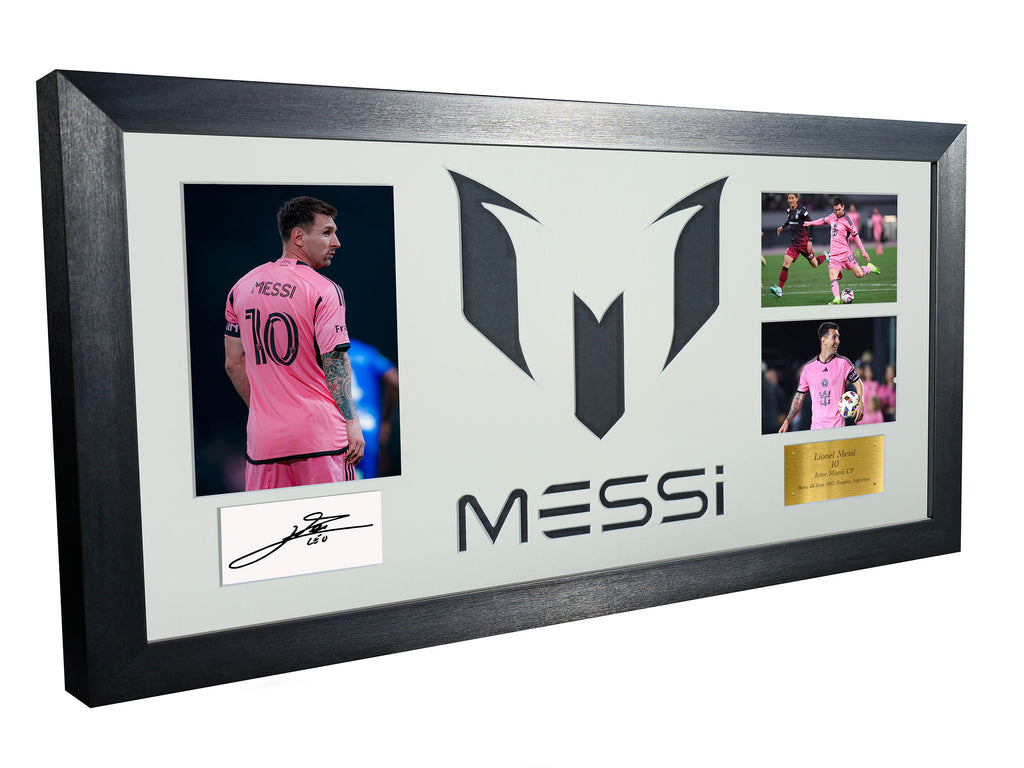 Large Season 2024/25 Lionel Messi Celebration With Precision Cut Logo Inter Miami CF Signed Autographed Signed Signature Photograph Picture Frame Football Soccer Poster Gift White Mount
