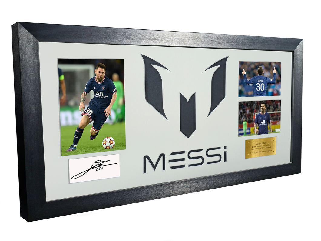 Lionel Messi Celebration With Precision Cut Logo PSG Paris Saint-Germain F.C. Signed Autographed Signature Photograph Picture Frame Football Soccer Poster Gift White Mount