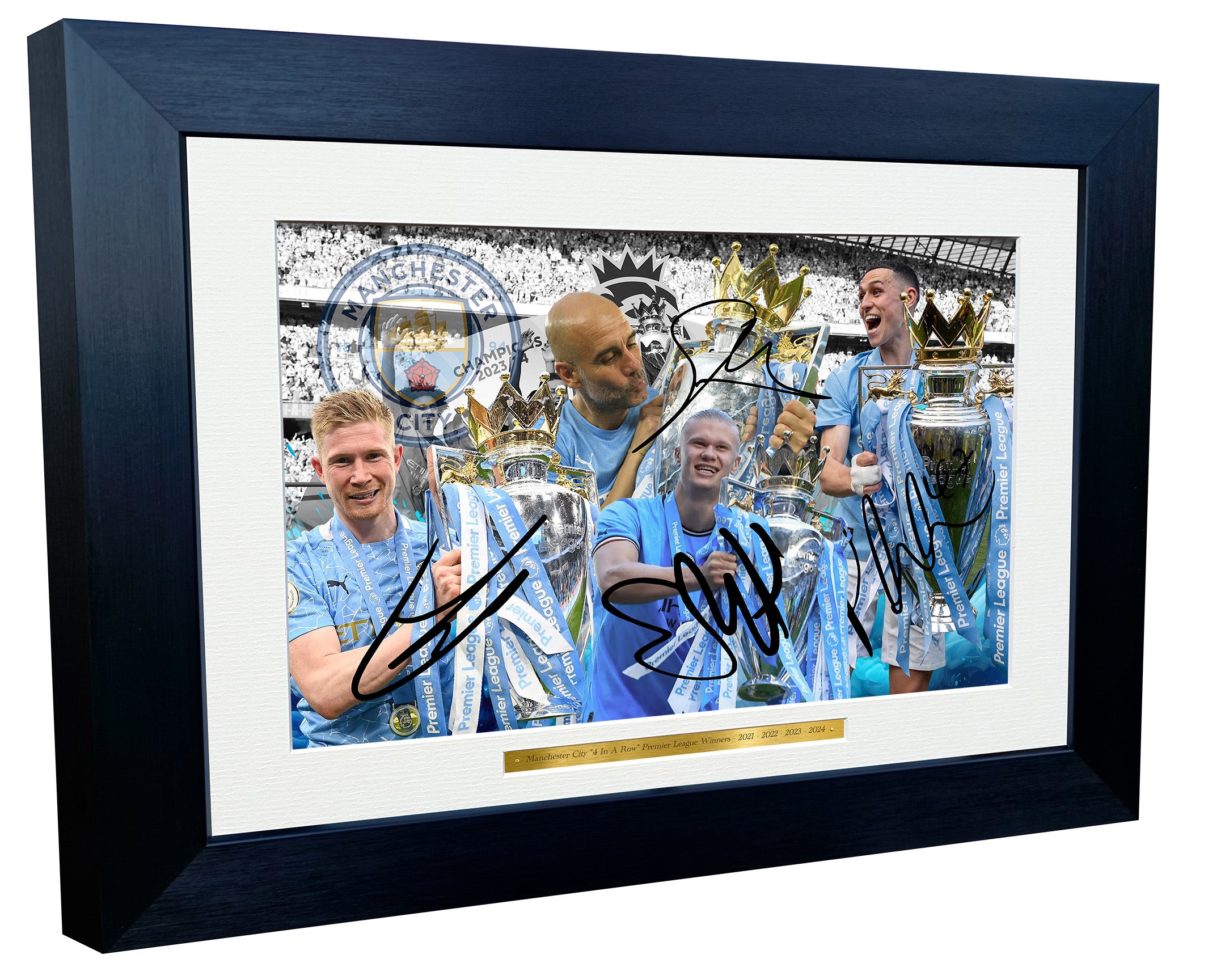 12x8 A4 Manchester City FC Premier League Winners 4 In A Row" 2021/2022/2023/2024 Kevin De Bruyne Pep Guardiola Erling Haaland Phil Foden Signed Autographed Photo Photograph Picture Frame Poster Gift