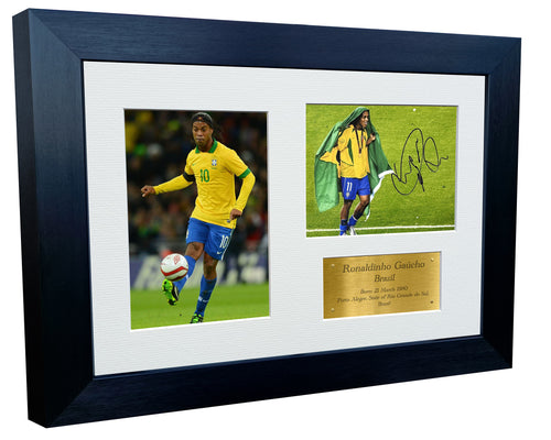 12x8 A4 Signed Ronaldinho Brazil Barcelona Autographed Autograph Signed Signature Photograph Photo Picture Frame Football Soccer Poster Gift Gold