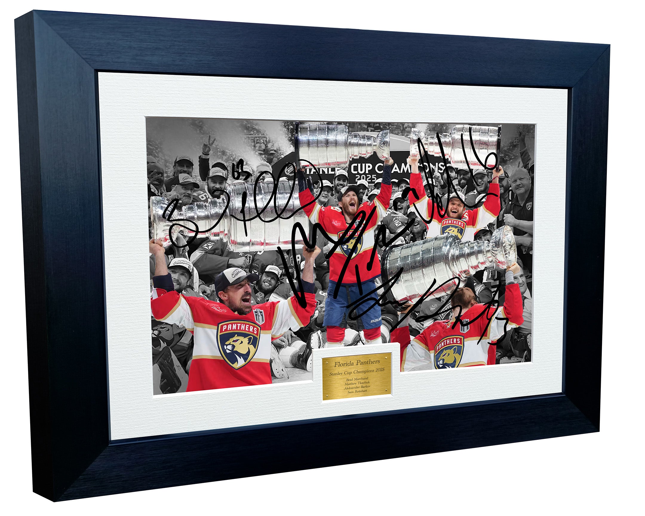 12x8 A4 Stanley Cup Champions 2025 Florida Panthers Brad Marchand Matthew Tkachuk Aleksander Barkov Sam Reinhart NHL Autograph Signed Signature Photo Photograph Picture Frame Ice Hockey Poster Gift
