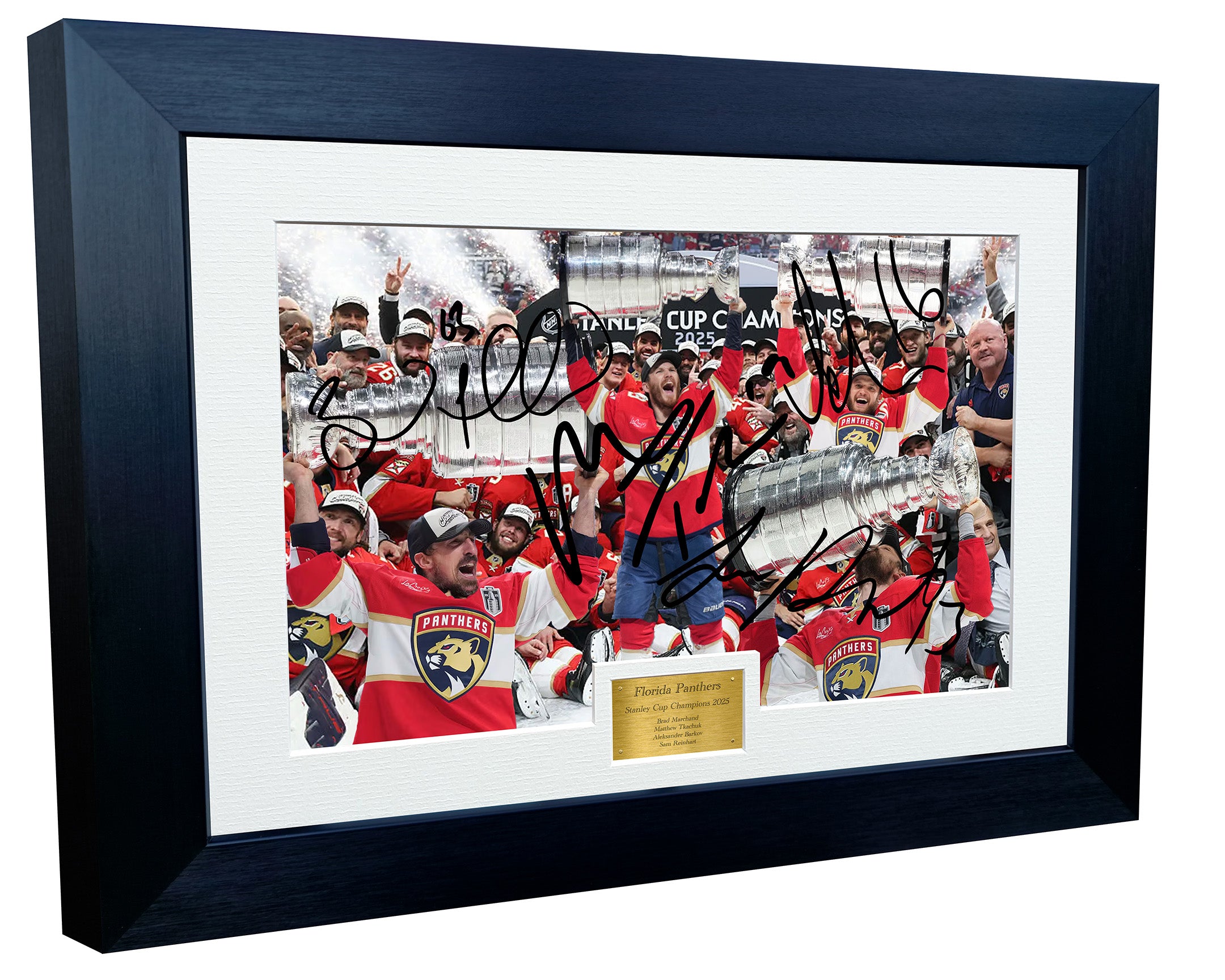 12x8 A4 Stanley Cup Champions 2025 Florida Panthers Brad Marchand Matthew Tkachuk Aleksander Barkov Sam Reinhart NHL Autograph Signed Signature Photo Photograph Picture Frame Ice Hockey Poster Gift Colour