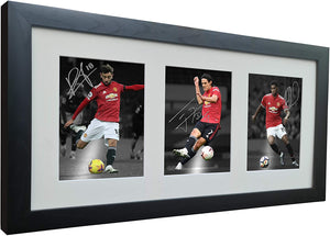 Triple Signed Edinson Cavani Bruno Fernandes Marcus Rashford Manchester United Photo Photograph Picture Frame Football Soccer Poster Gift