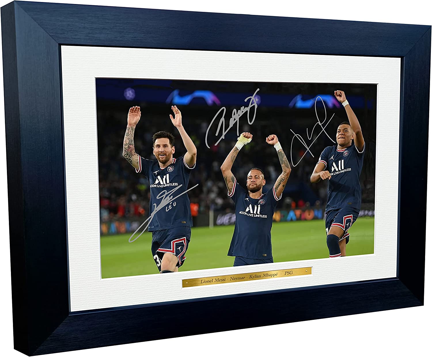 2022/23 Lionel Messi Neymar Junior Kylian Mbappe Paris Saint-Germain PSG Autographed Signed 12x8 A4 Photo Photograph Picture Frame Football Soccer Poster Gift
