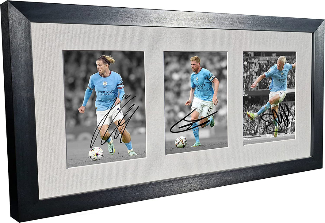 Signed Black 2022/23 Manchester City - Erling Haaland - Kevin De Bruyne - Jack Grealish - Autographed Photo Photograph Picture Frame Football Soccer Poster Gift