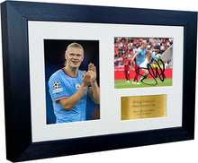 Load image into Gallery viewer, A4 Erling Haaland Manchester City Triple Autographed Signed Photo Photograph Picture Frame Football Soccer Poster Gift Gold 12x8