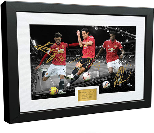 12x8 Signed Edinson Cavani Bruno Fernandes Marcus Rashford Manchester United Photo Photograph Picture Frame Football Soccer Poster Gift