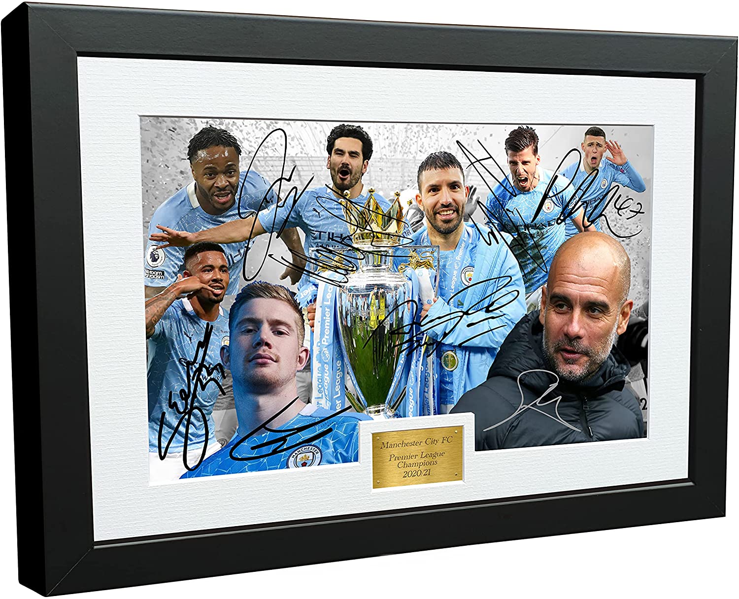 12x8 A4 '2021 Premier League Champions' Manchester City FC Signed Sterling Guardiola Jesus Aguero Foden Kevin De Bruyne Gundogan Dias Autographed Photo Photograph Picture Frame Poster Gift