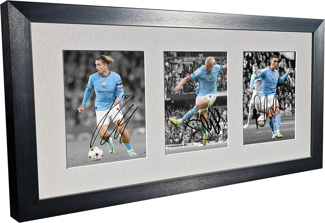 Signed Black 2022/23 Manchester City - Erling Haaland - Phil Foden - Jack Grealish - Autographed Photo Photograph Picture Frame Football Soccer Poster Gift