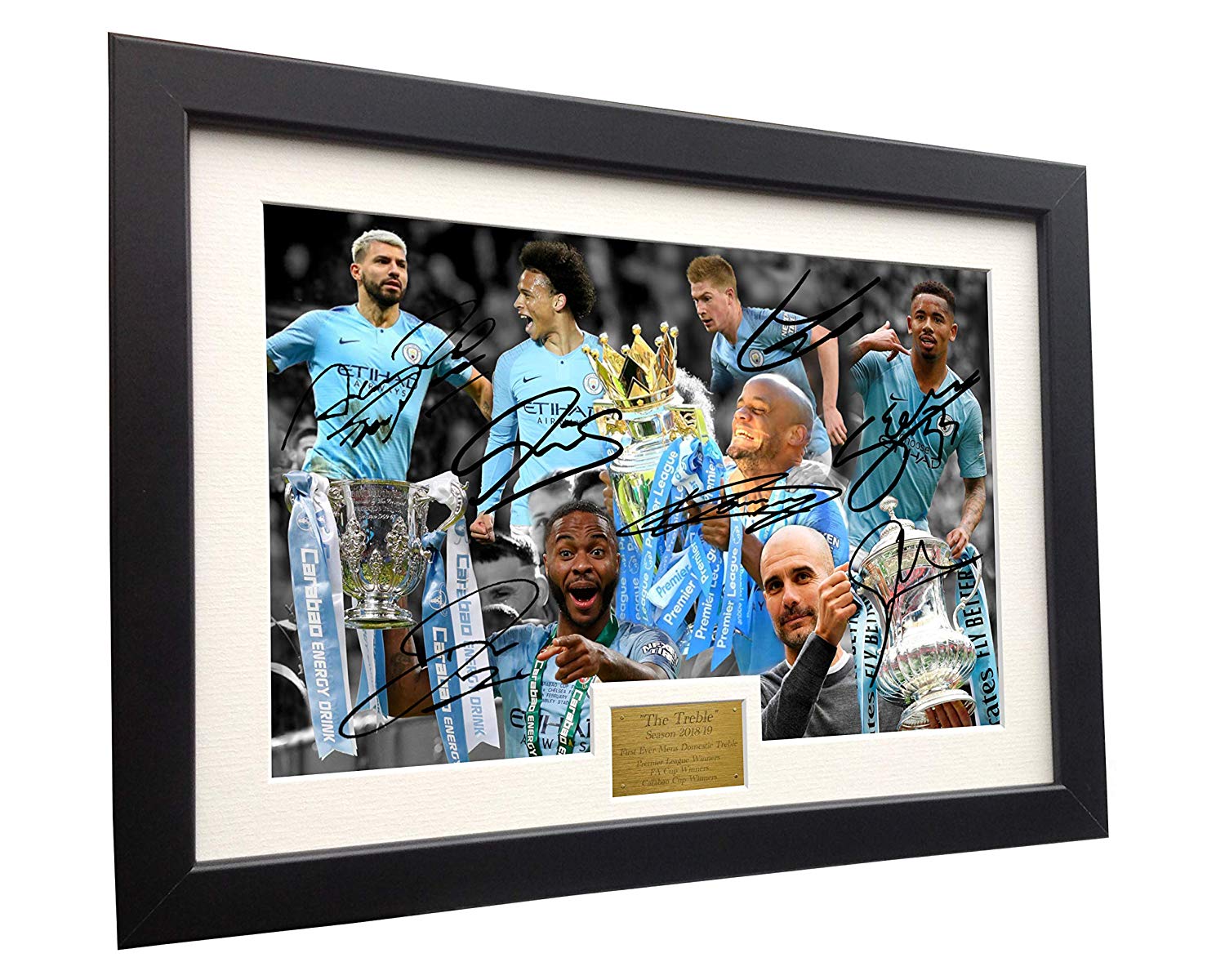 2018/19 TREBLE Signed Manchester City Guardiola De Bruyne Agüero Sterling Jesus Sane Photo Picture